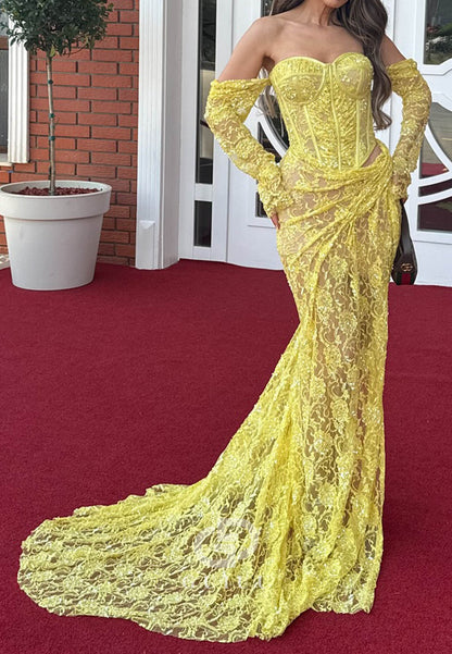 Daffodil Long Sleeves Sweetheart Lace Prom Dress