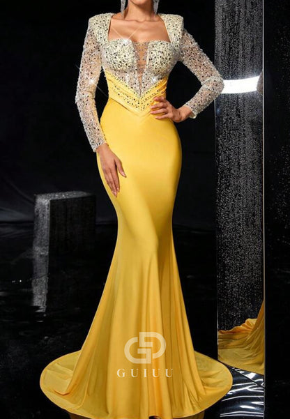Daffodil Long Sleeves Sweetheart Sequins Mermaid Evening Dress