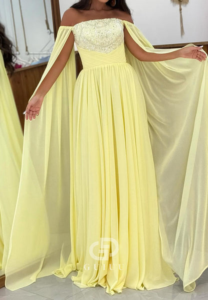 Daffodil Off-Shoulder Cape Empire-Waist Evening Dress