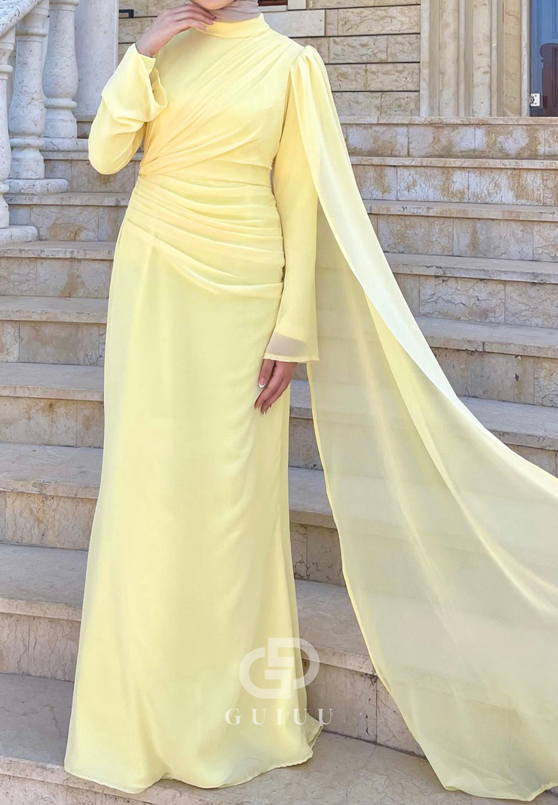 Daffodil Scoop Long Sleeves Ruched A-Line Evening Dress