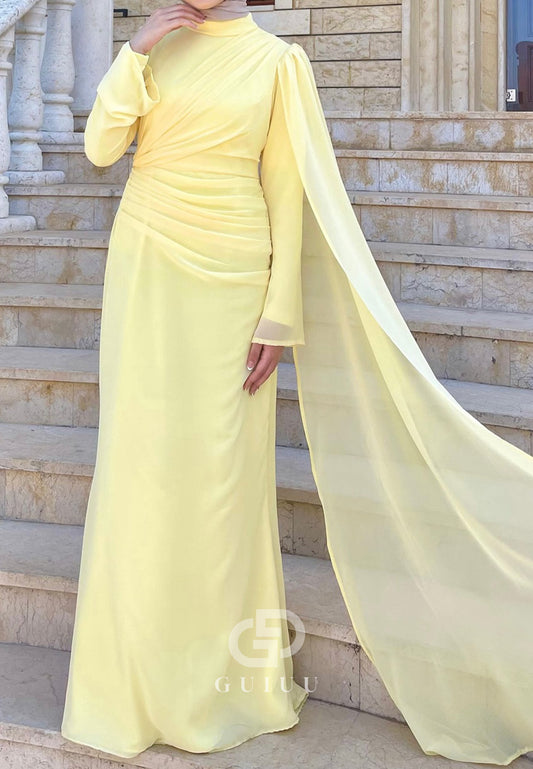 Daffodil Scoop Long Sleeves Ruched A-Line Evening Dress