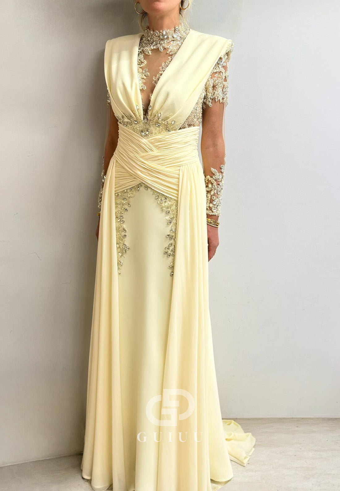 Daffodil Long Sleeves V-Neck A-Line Chiffon Mother of the Bride Dress