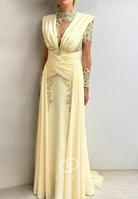 Daffodil Long Sleeves V-Neck A-Line Chiffon Mother of the Bride Dress