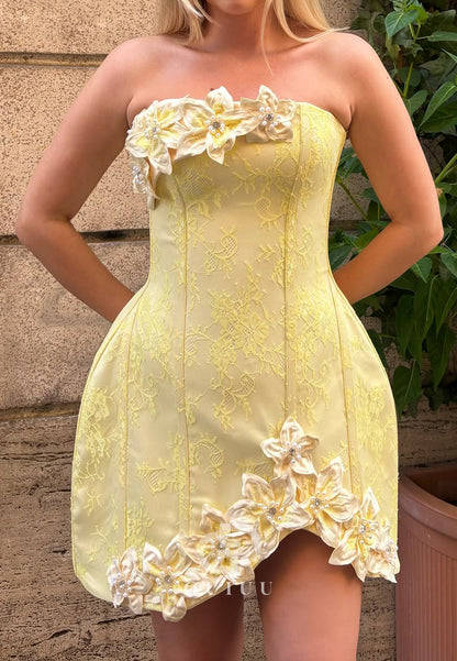 Daffodil Strapless Sleeveless Floral Appliques Homecoming Dress