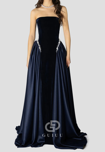 A-Line Strapless Sleeveless Pearls Embroidered Dress