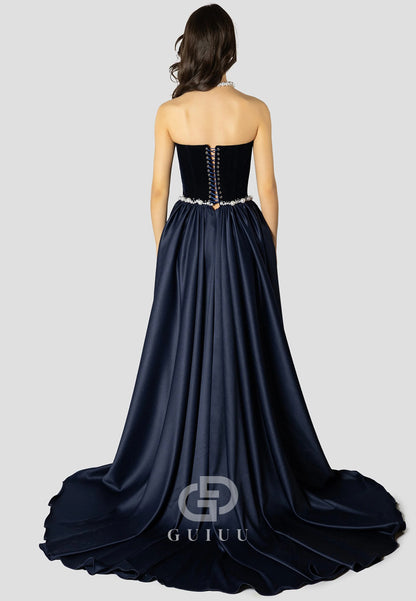 A-Line Strapless Sleeveless Pearls Embroidered Dress