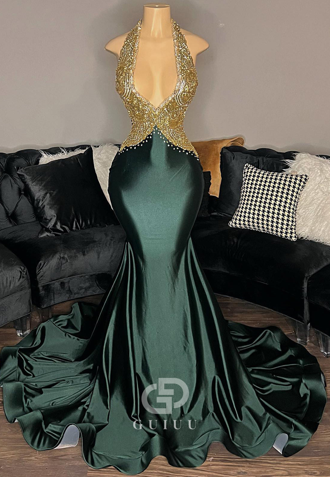 Dark Green Halter Sleeveless Backless Mermaid Prom Dress