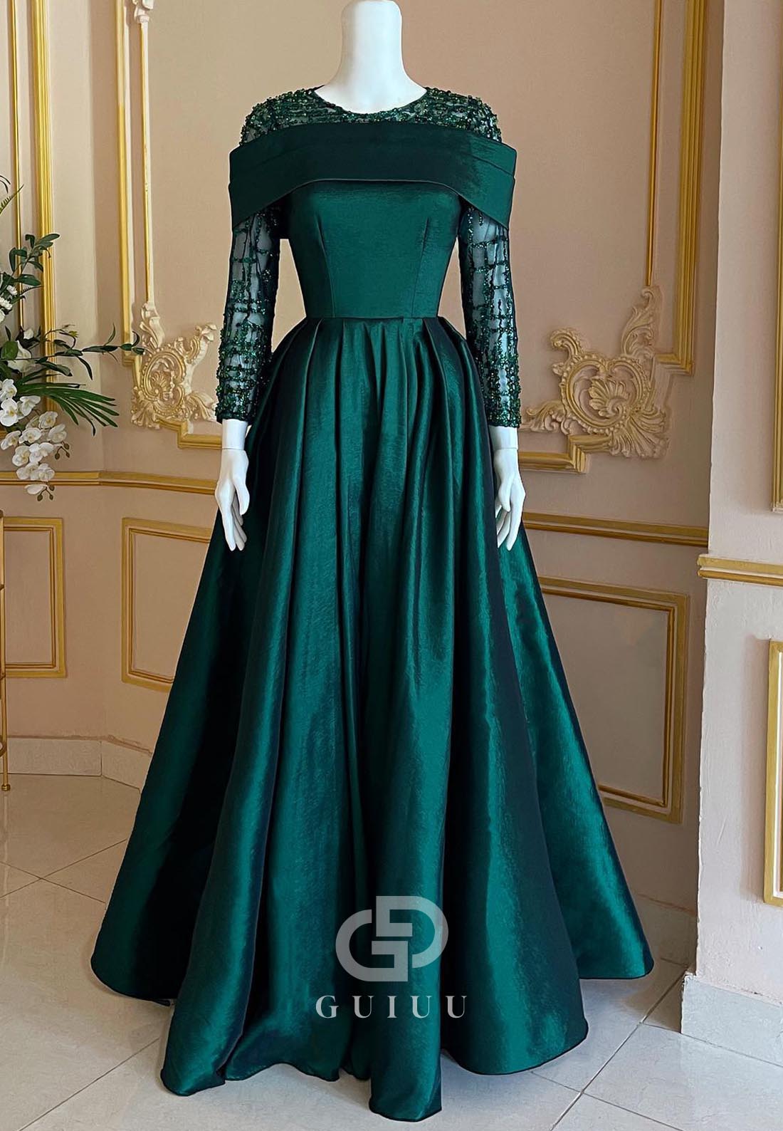 Dark Green Long Sleeves Empire-Waist Evening Dress