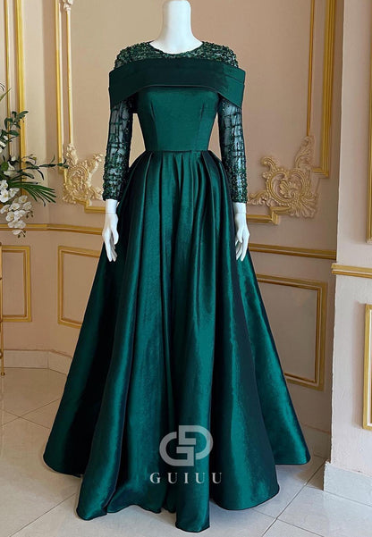 Dark Green Long Sleeves Empire-Waist Evening Dress