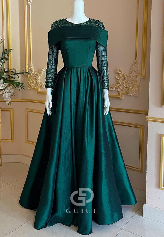 Dark Green Long Sleeves Empire-Waist Evening Dress