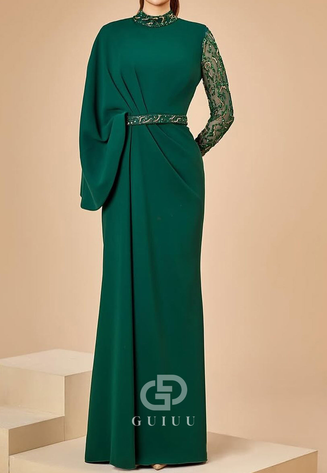 Dark Green Long Sleeves Scoop Empire-Waist Mother of the Bride Dress