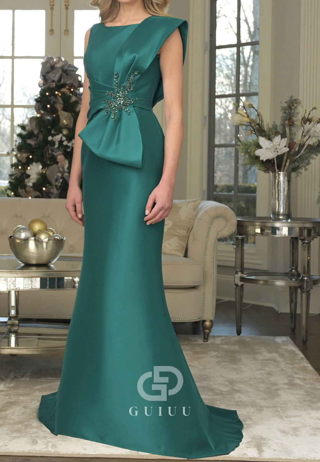 Dark Green Sleeveless Empire-Waist A-Line Mother of the Bride Dress