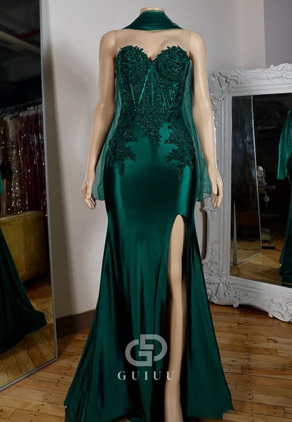 Dark Green Sleeveless Strapless Prom Dress with Slit Appliques Evening Party Dress
