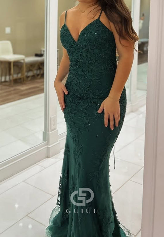 Dark Green Spaghetti Straps V-Neck Prom Dress with Appliques