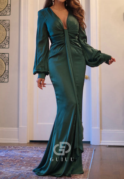 Dark Green V-Neck Long Sleeves Slit Evening Dress