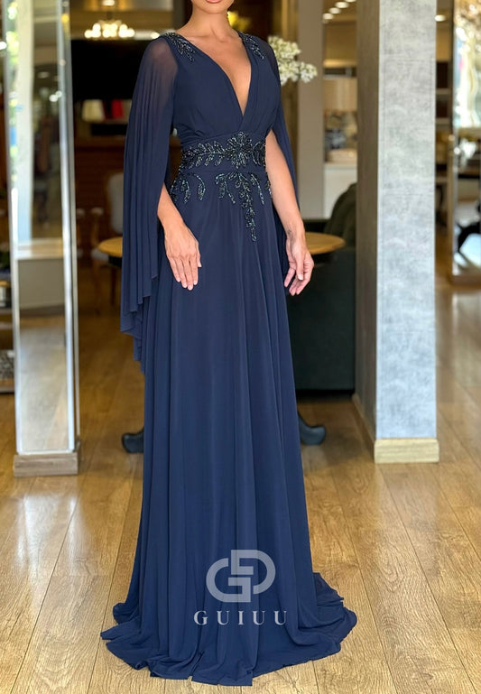 Dark Navy Cap Sleeves V-Neck Appliques Chiffon Mother of the Bride Dress
