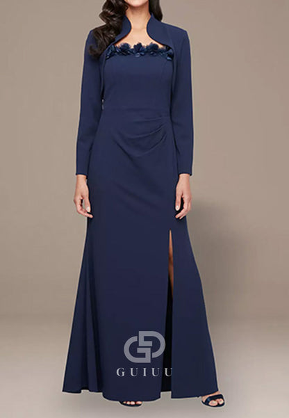 Dark Navy Long Sleeves Square A-Line Satin Mother of the Bride Dress