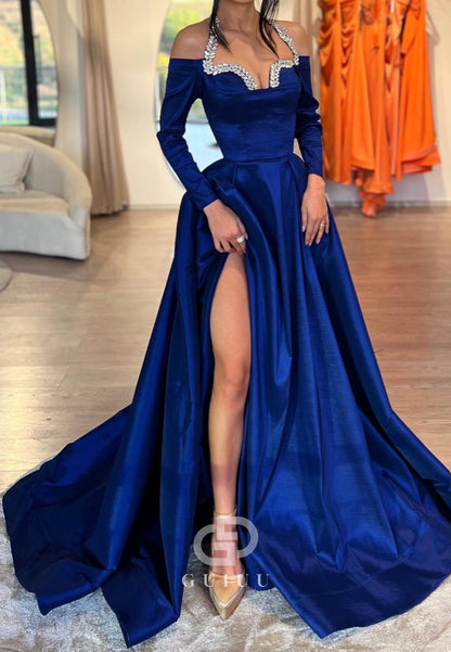 Royal Blue Long Sleeves Sweetheart Slit Ruched Evening Dress