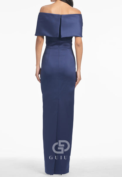 Dark Navy Off-Shoulder Cap Sleeves Satin Mother of the Bride Dress