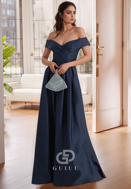 Dark Navy Off-Shoulder Ruched Empire-Waist Mother of the Bride Dress