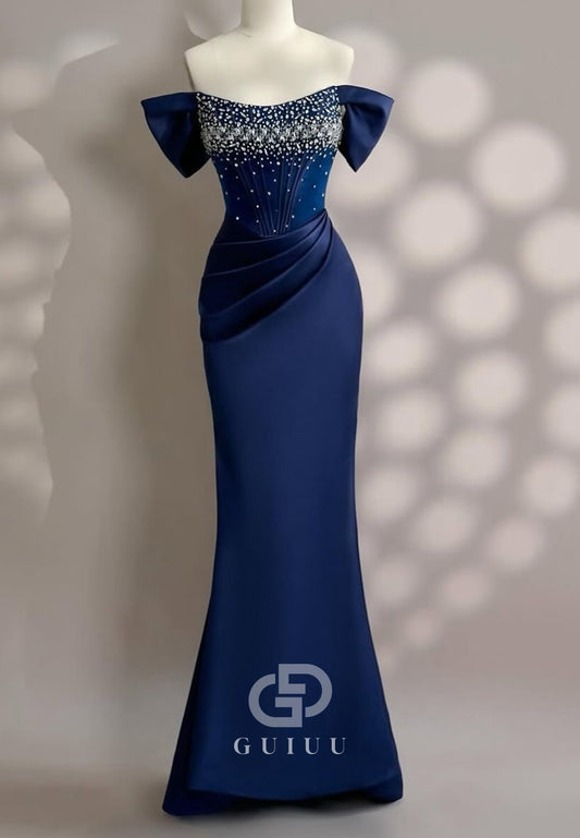 Dark Navy Scoop Sleeveless Sequins Satin Evening Dress