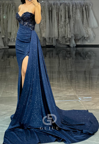 Dark Navy Sleeveless Strapless Ruched Corset Evening Dress