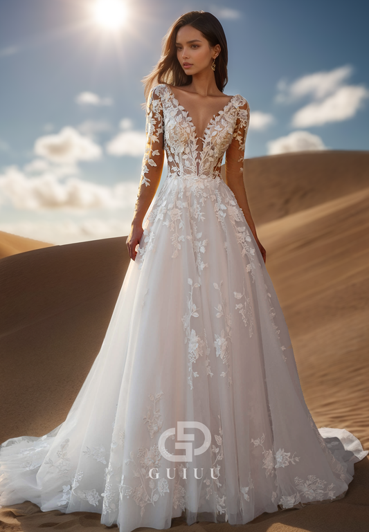 Deep V-Neck Long Sleeves Appliques Lace Wedding Dress