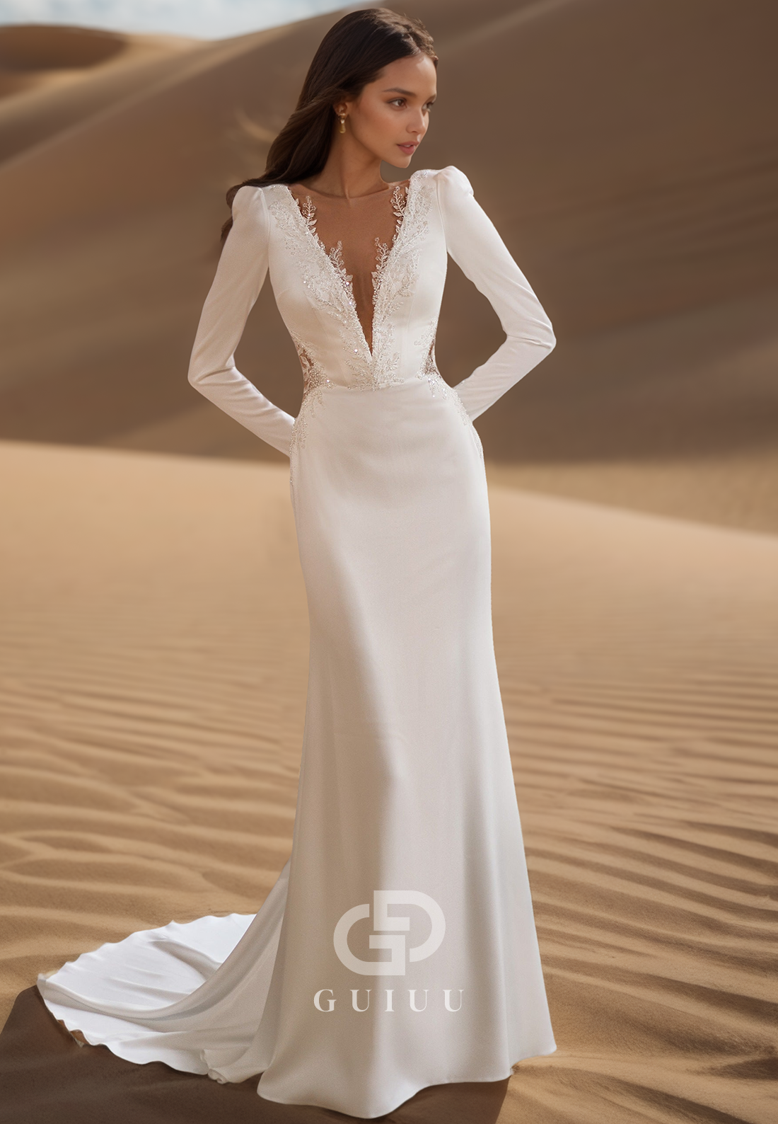 Deep V-Neck Long Sleeves Backless Satin Mermaid Wedding Dress