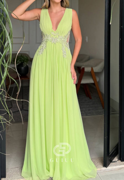 Deep V-Neck Spaghetti Straps Appliques Chiffon Evening Dress