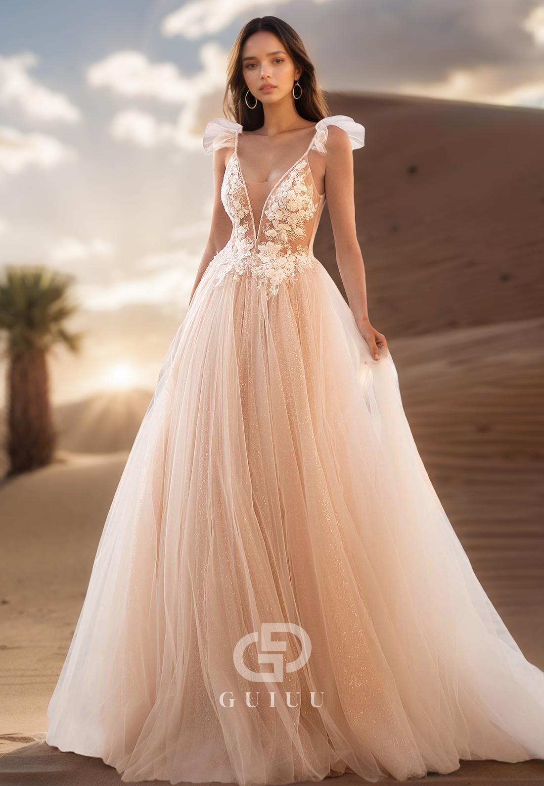 Deep V-Neck Spaghetti Straps Floral Appliques Lace Wedding Dress