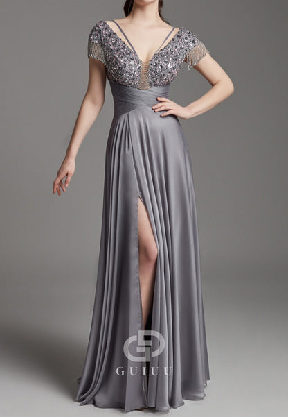 Dolphin Grey V-Neck Sequins Empire-Waist Evening Dress