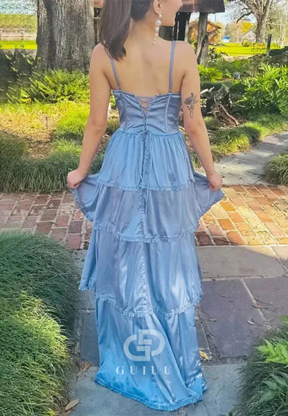 Dusty Blue A-Line Spaghetti Strap Ruffle Prom Party Dress with Slit