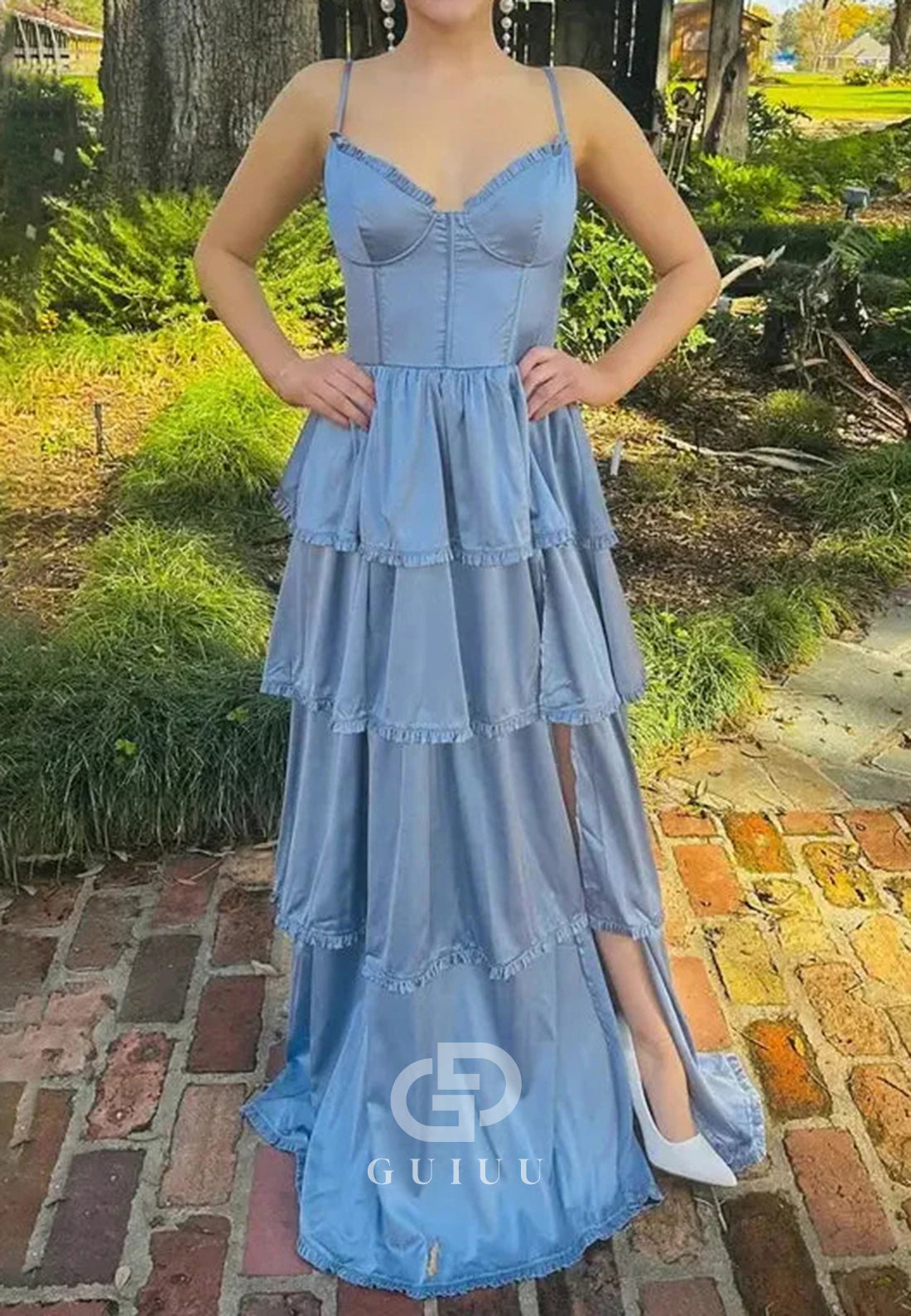 Dusty Blue A-Line Spaghetti Strap Ruffle Prom Party Dress with Slit