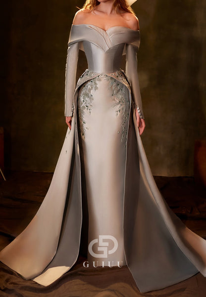 Dusty Lavender Off-Shoulder Long Sleeves Corset Evening Dress