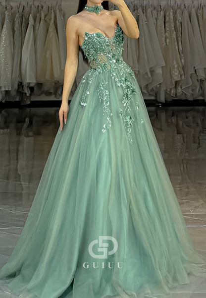 Dusty Sage A-Line Sleeveless Strapless Prom Dress with Appliques Lace Evening Dress