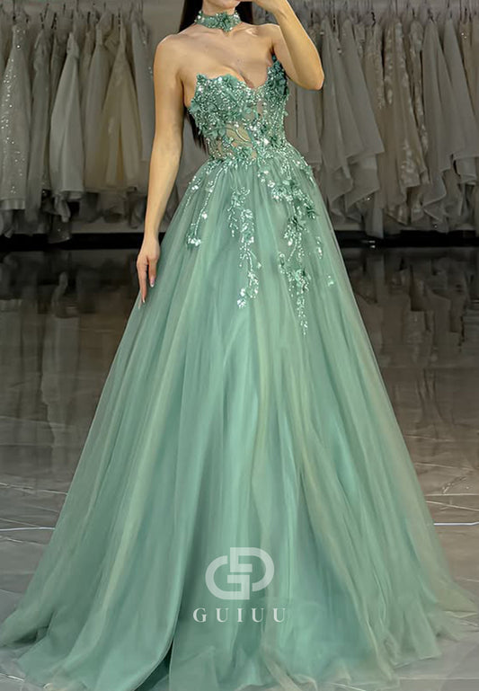 Dusty Sage A-Line Sleeveless Strapless Prom Dress with Appliques Lace Evening Dress