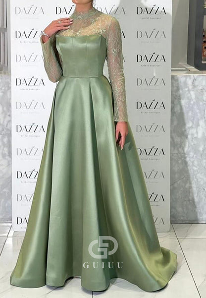 Dusty Sage High Neck Long Sleeves Empire-Waist Evening Dress