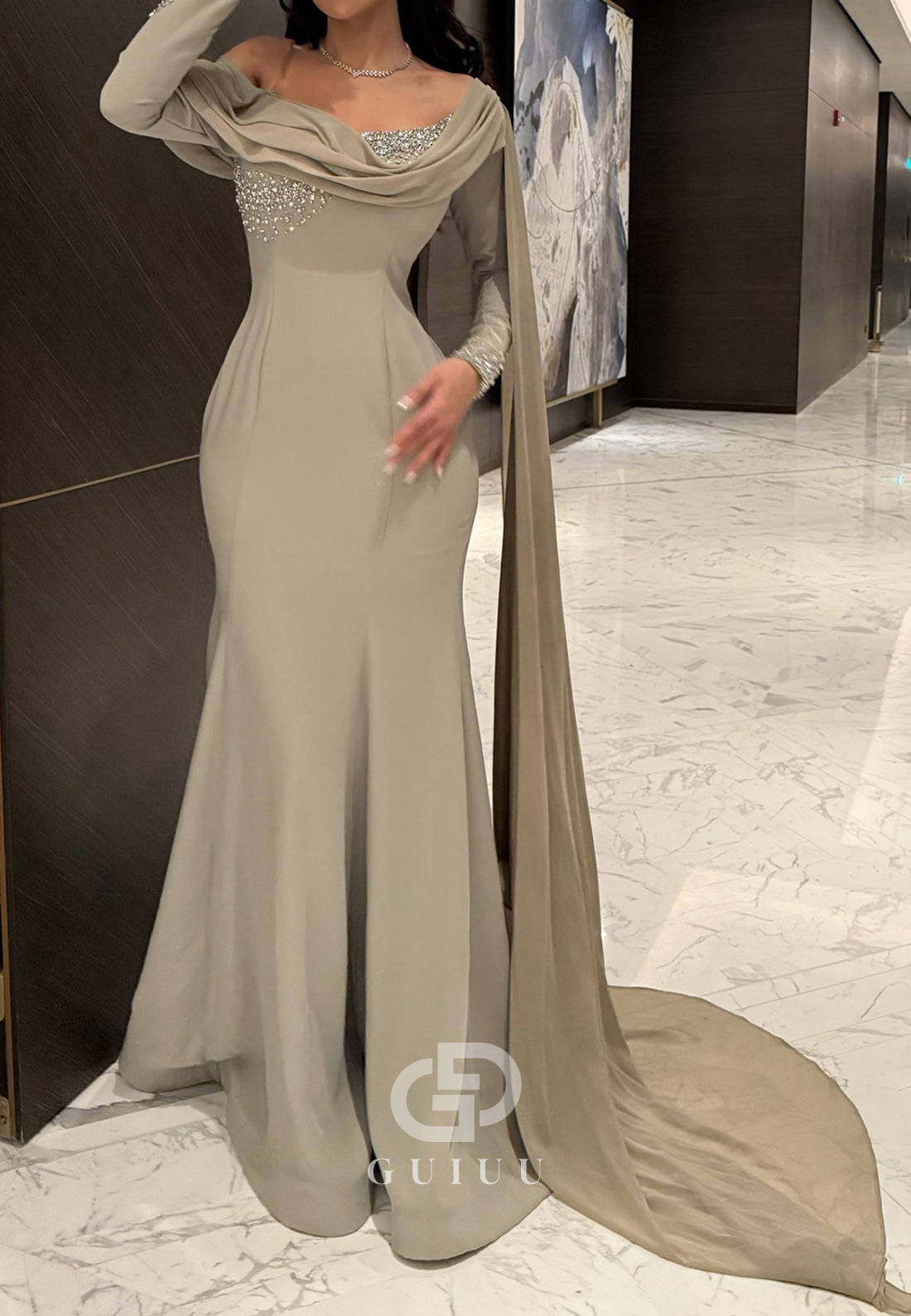 Dusty Sage Long Sleeves Off-Shoulder Sequins Evening Dress