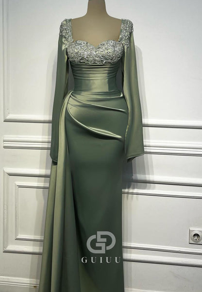 Dusty Sage Long Sleeves Square Appliques Ruched Evening Dress