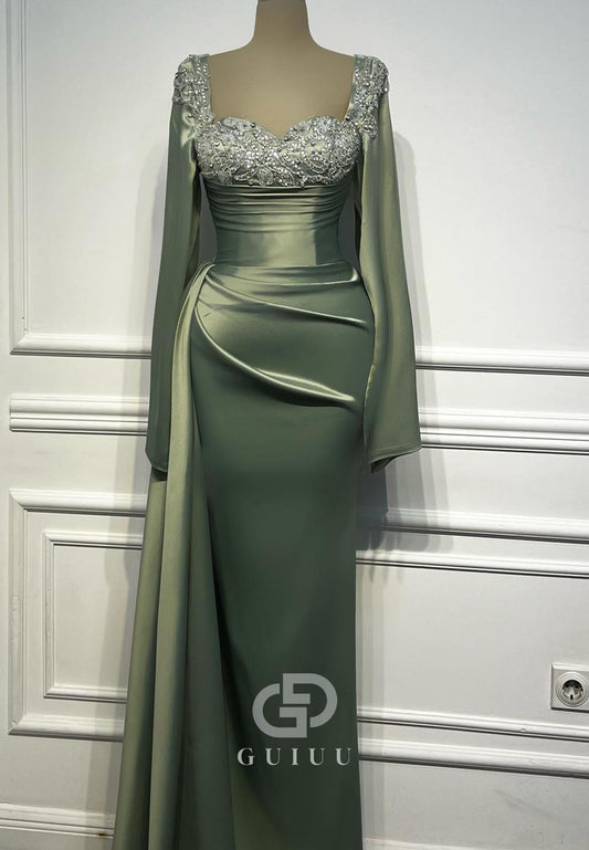 Dusty Sage Long Sleeves Square Appliques Ruched Evening Dress