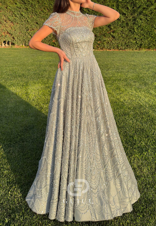 Dusty Sage Short Sleeves Scoop Sequins Empire-Waist Prom Dress