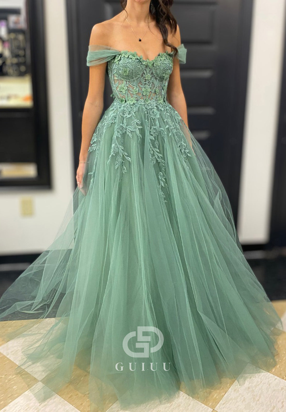 Dusty Sage Sleeveless Strapless Floral ppliques A-Line Prom Dress