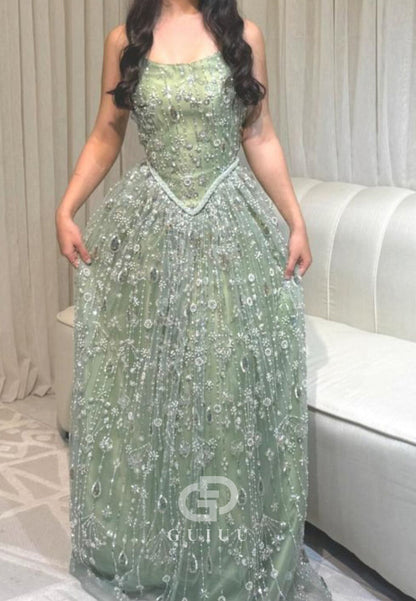 Dusty Sage Spaghetti Straps Square Sequins Evening Dress