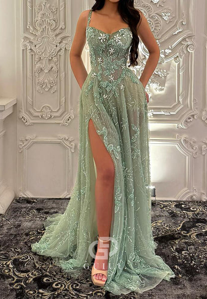 Dusty Sage Spaghetti Straps Sweethear Slit Appliques Prom Dress