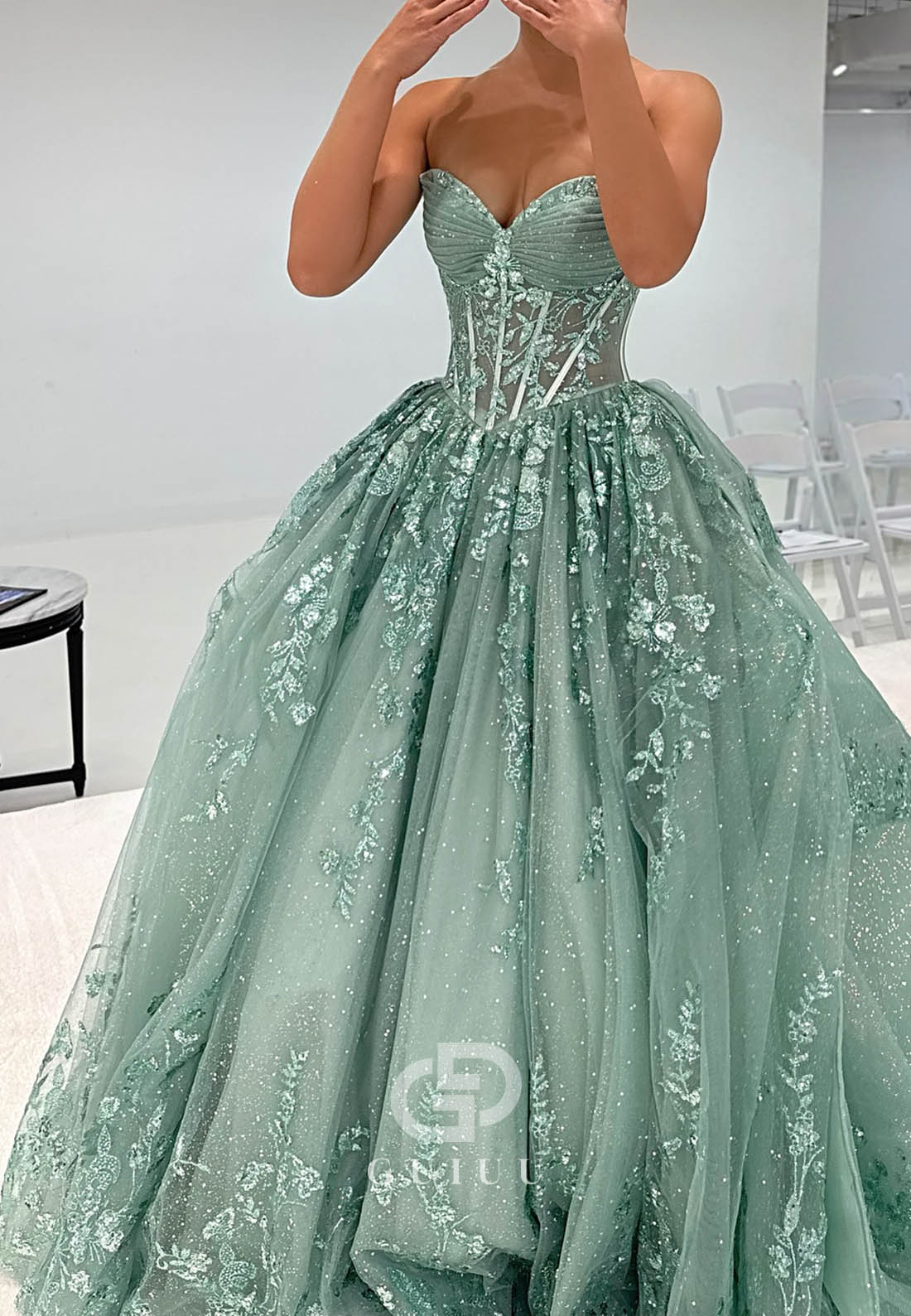 Dusty Sage Sweetheart Sleeveless Sequins A-Line  Prom Dress