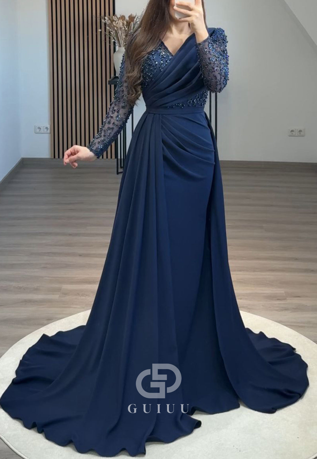 Long Sleeves V-Neck Prom Dress with Beads Sweep Train Evening Dress