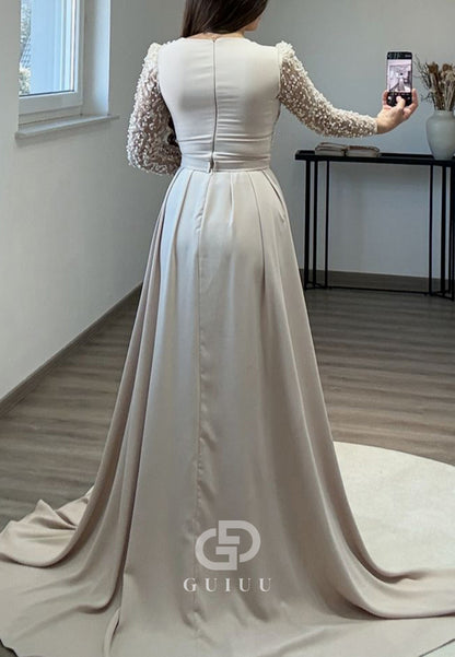 Long Sleeves V-Neck Prom Dress with Beads Sweep Train Evening Dress