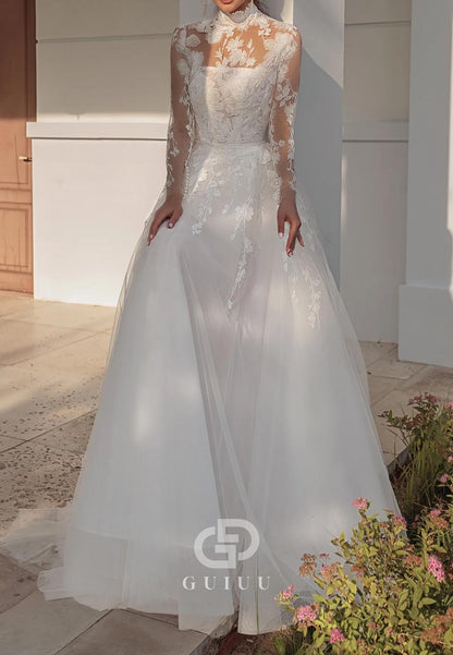 Elegant A-Line Long Sleeves High Neck Appliques Lace Wedding Dress