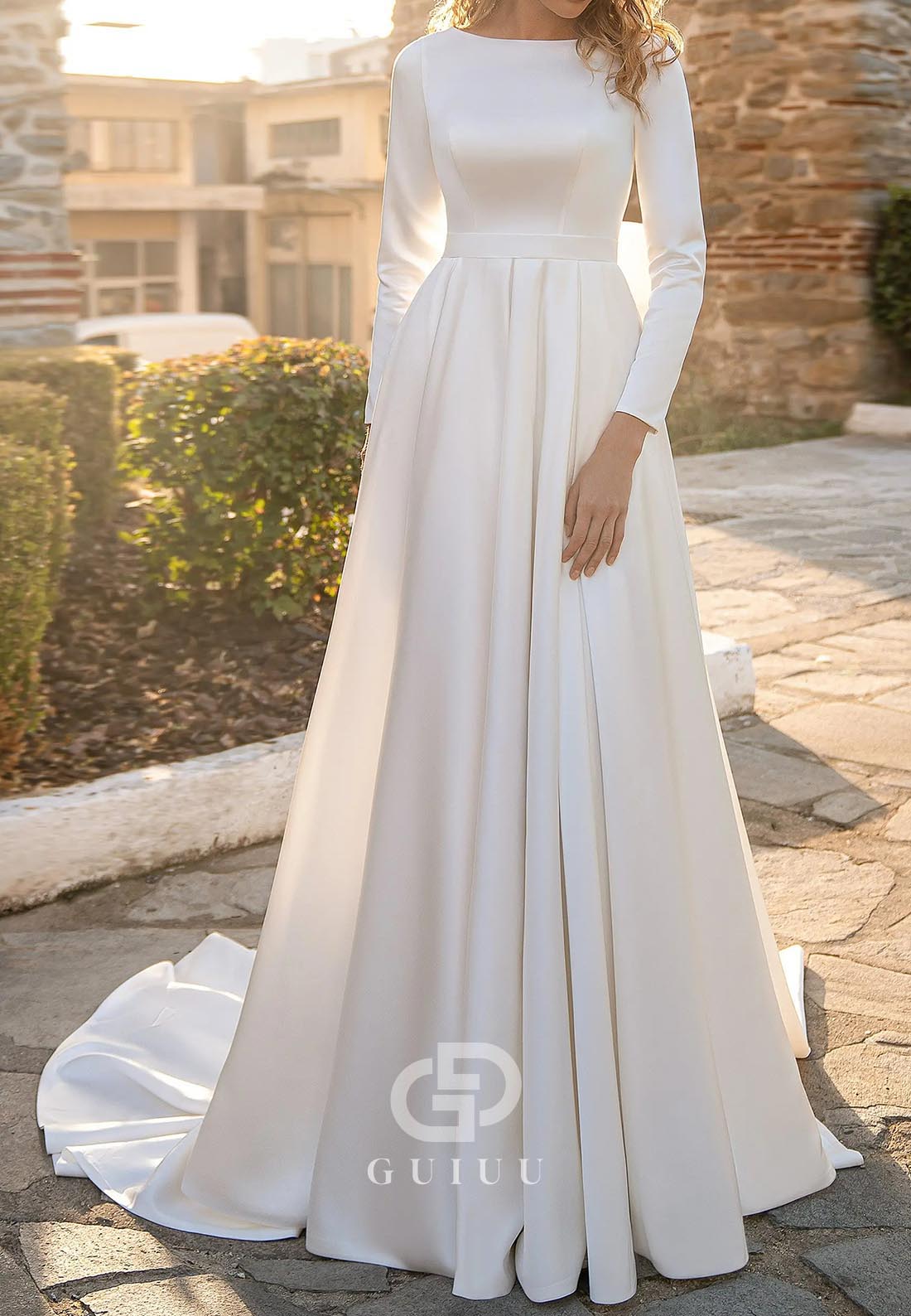 Elegant A-Line Long Sleeves Scoop Empire-Waist Satin Wedding Dress