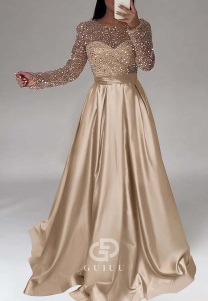Elegant A-Line Scoop Long Sleeves Sequins Evening Formal Dress